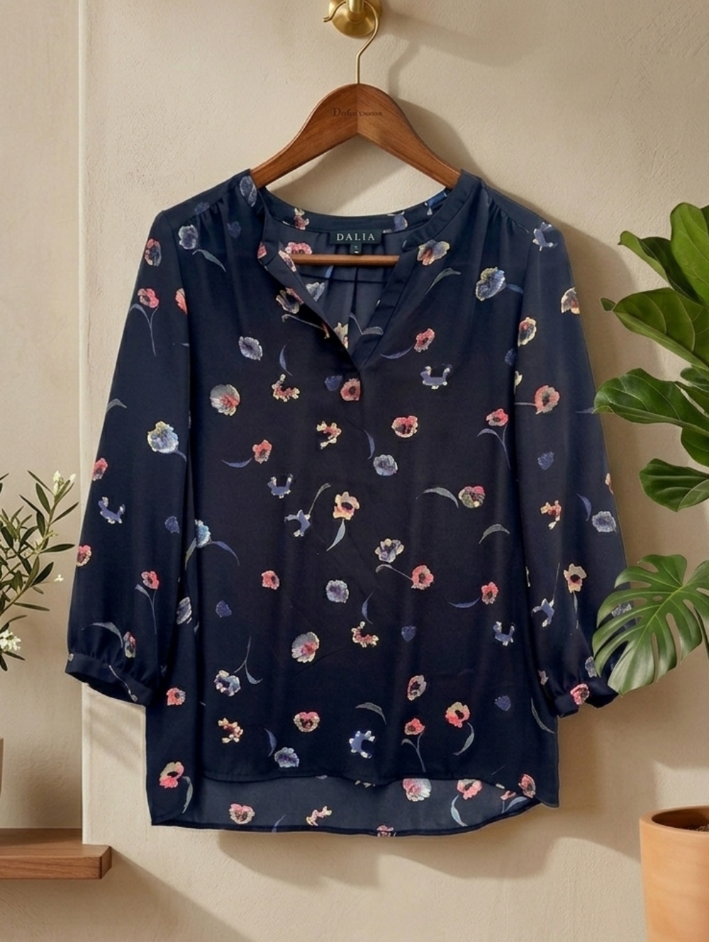 Dalia Black Floral Boho Blouse Notch Collar Blouse Career Casual XL